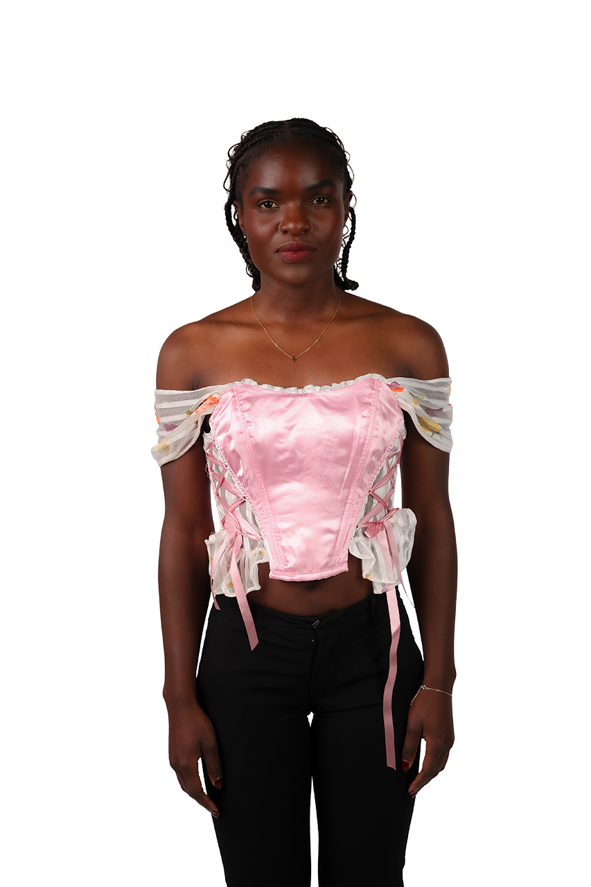 Różowy satynowy gorset z falbanami i opadającymi ramiączkami – upcycled