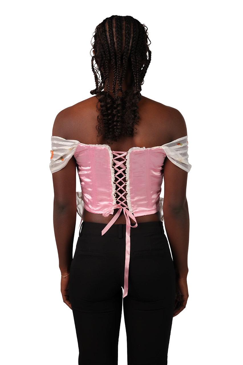 Różowy satynowy gorset z falbanami i opadającymi ramiączkami – upcycled