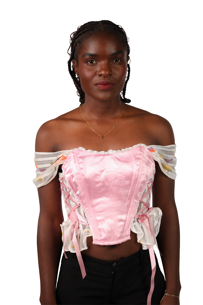 Różowy satynowy gorset z falbanami i opadającymi ramiączkami – upcycled