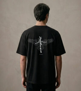 T-shirt luźny z recyklingu, czarny, mitologia nordycka Crow Spirit
