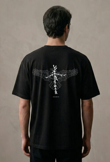 T-shirt luźny z recyklingu, czarny, mitologia nordycka Crow Spirit