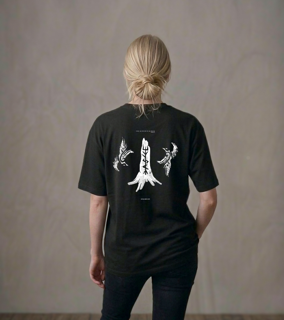 T-shirt luźny z recyklingu, czarny, mitologia nordycka Dedication