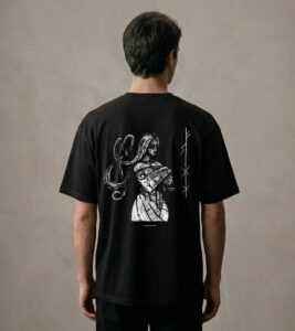 T-shirt luźny z recyklingu, czarny, mitologia nordycka Frigg