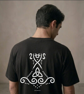 T-shirt luźny z recyklingu, czarny, mitologia nordycka Mjölnir