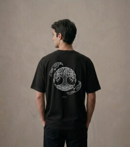 T-shirt luźny z recyklingu, czarny, mitologia nordycka Yggdrasil
