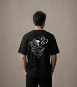 T-shirt luźny z recyklingu, czarny, mitologia nordycka Seiðkona