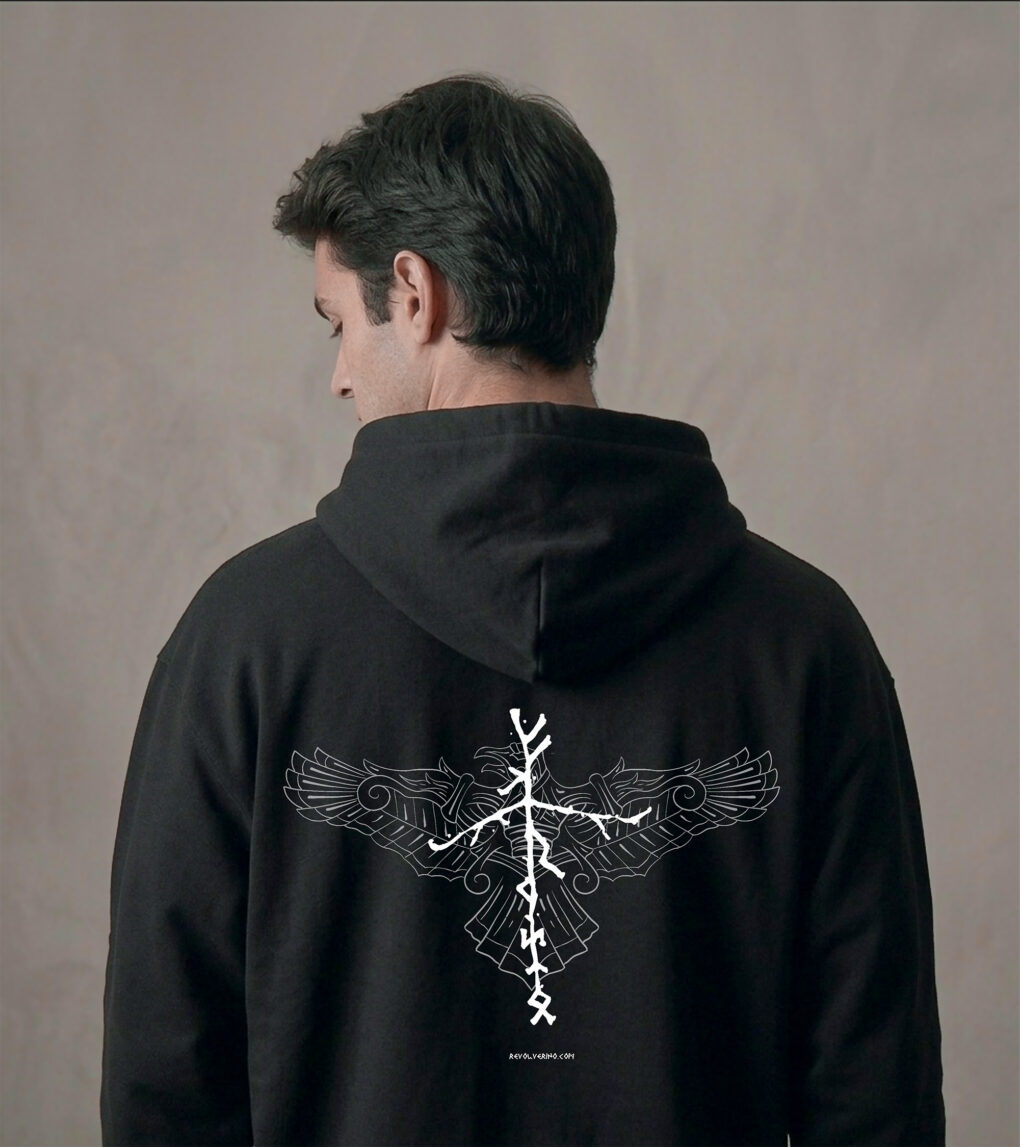 Bluza Loose Fit z recyklingu, czarna, mitologia nordycka Crow Spirit