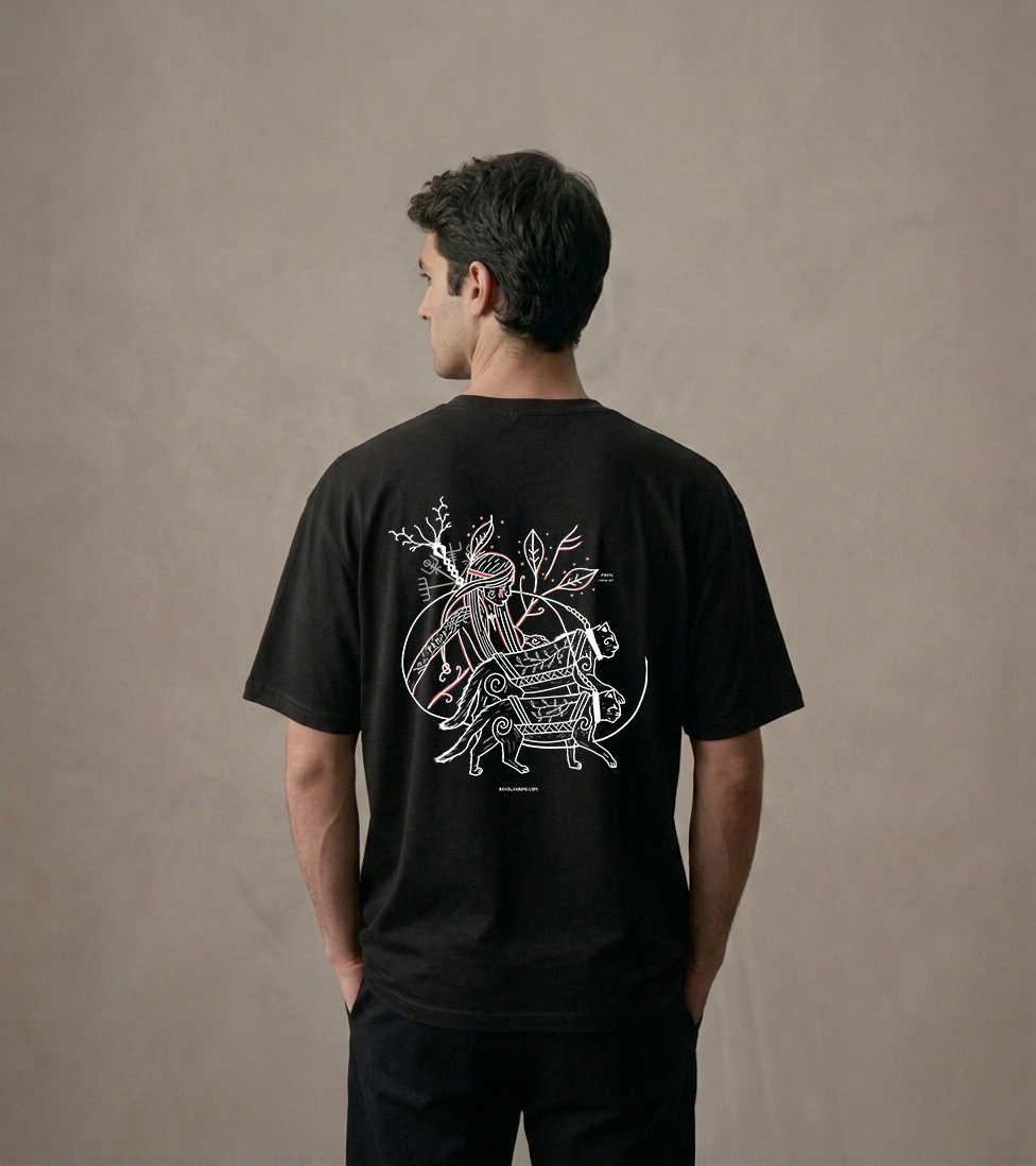 T-shirt luźny z recyklingu, czarny, mitologia nordycka Freya