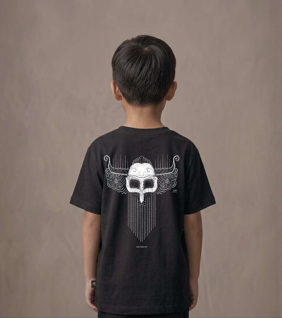 T-shirt dziecięcy z recyklingu, czarny, mitologia nordycka Njord