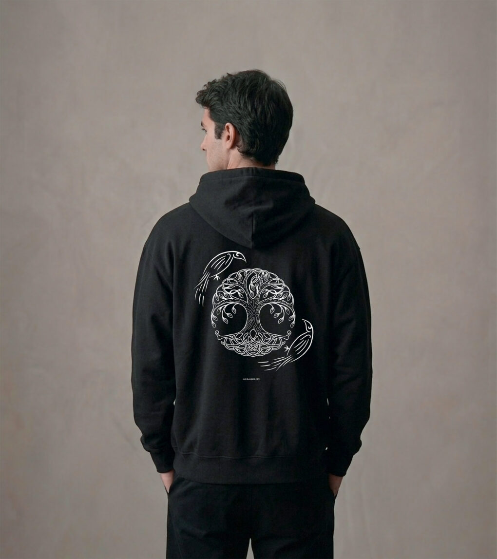 Bluza Loose Fit z recyklingu, czarna, mitologia nordycka Yggdrasil