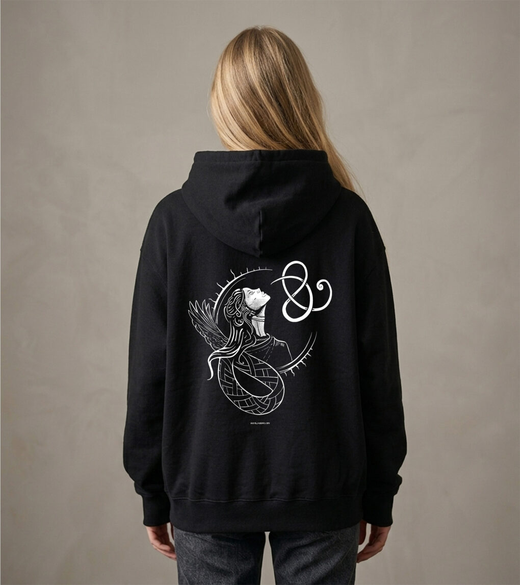 Bluza Loose Fit z recyklingu, czarna, mitologia nordycka Seiðkona