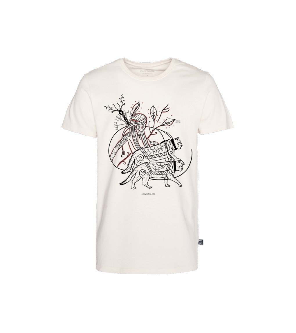 T-shirt prosty z recyklingu, off-white, mitologia nordycka Freya