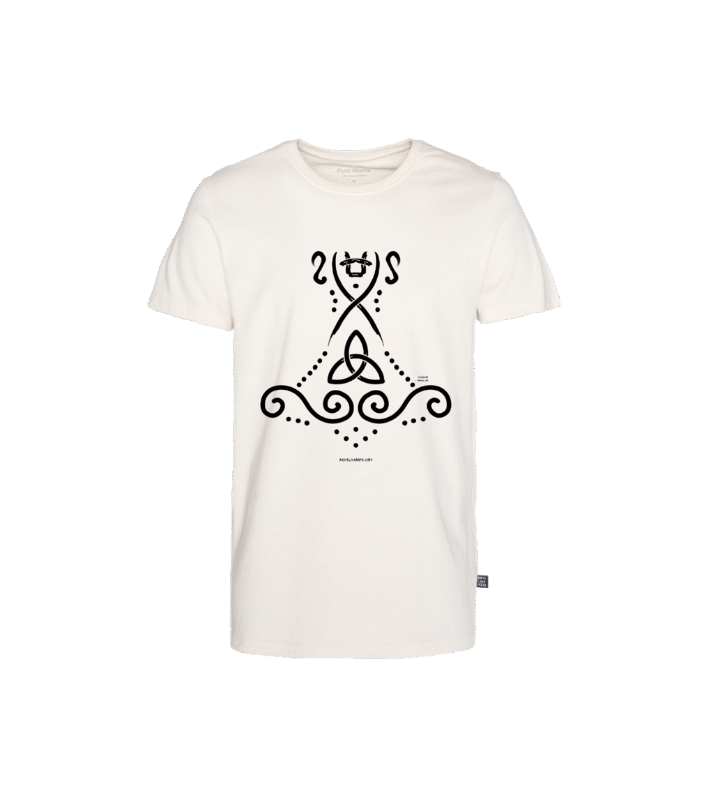 T-shirt prosty z recyklingu, off-white, mitologia nordycka Mjölnir