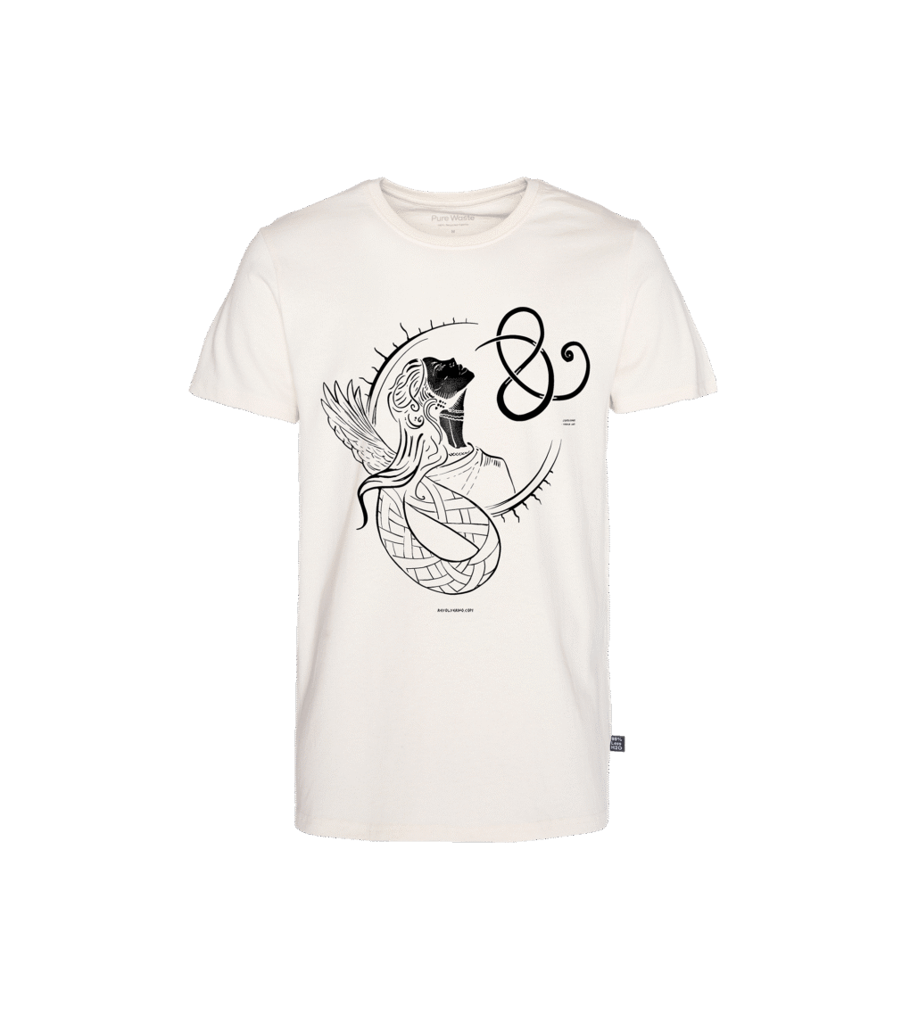 T-shirt prosty z recyklingu, off-white, mitologia nordycka Seiðkona