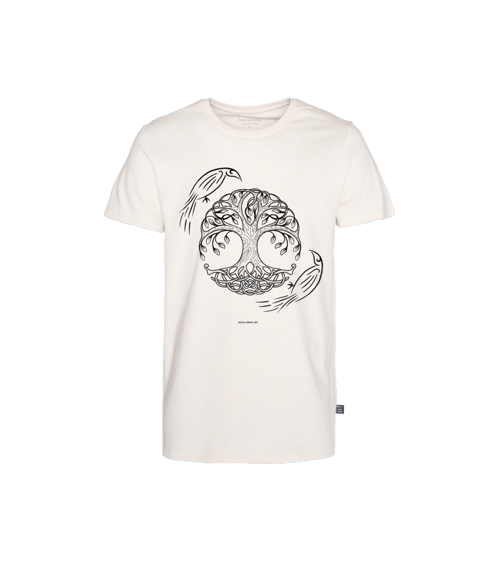 T-shirt prosty z recyklingu, off-white, mitologia nordycka Yggdrasil