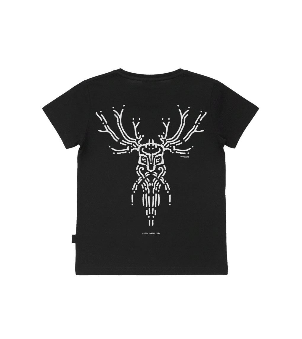 T-shirt dziecięcy z recyklingu, czarny, mitologia nordycka Cernunnos