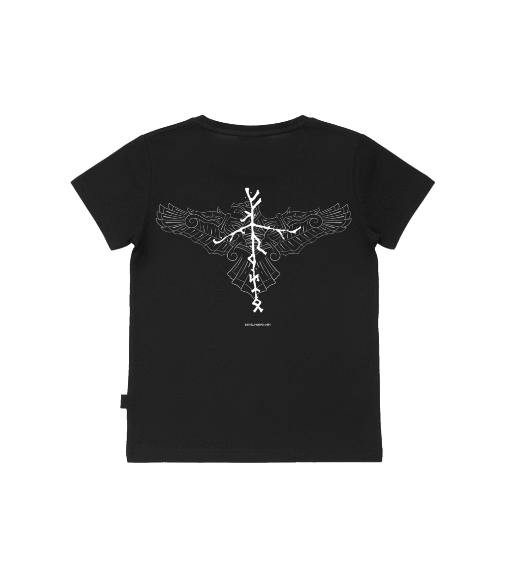 T-shirt dziecięcy z recyklingu, czarny, mitologia nordycka Crow Spirit