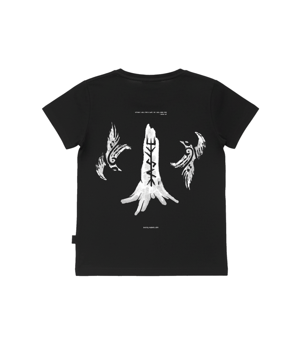 T-shirt dziecięcy z recyklingu, czarny, mitologia nordycka Dedication