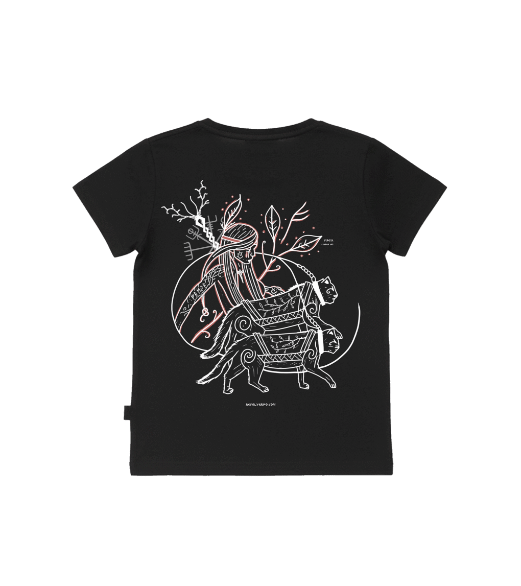 T-shirt dziecięcy z recyklingu, czarny, mitologia nordycka Freya