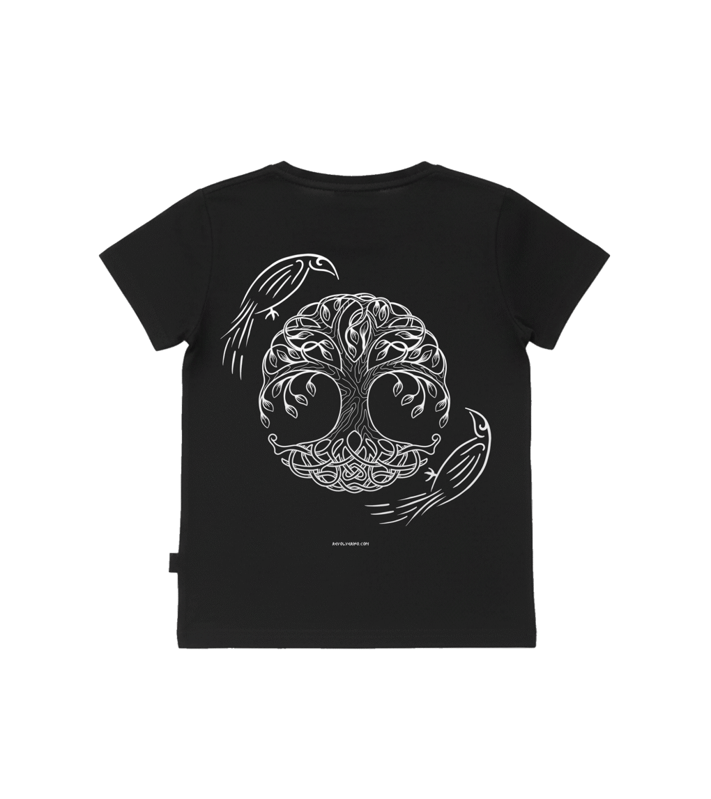 T-shirt dziecięcy z recyklingu, czarny, mitologia nordycka Yggdrasil