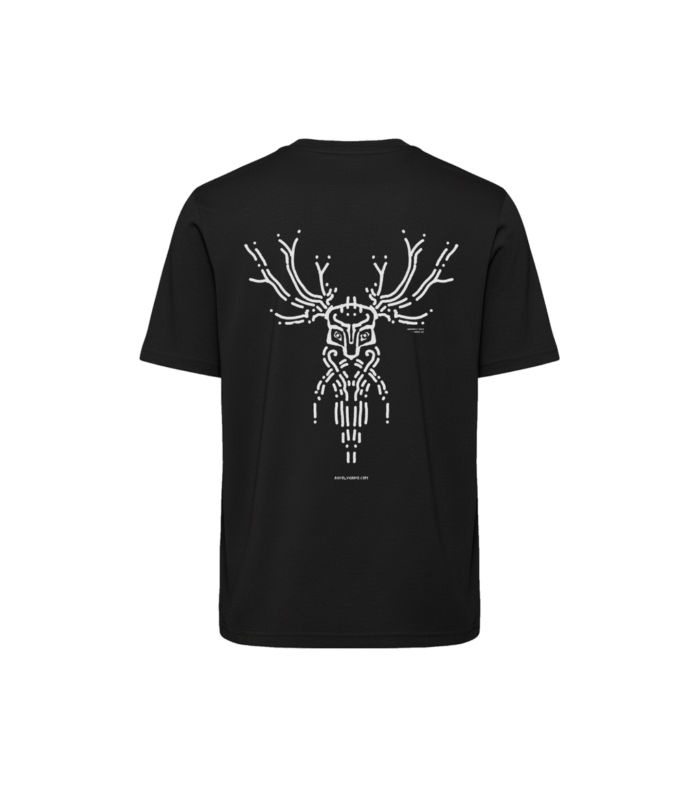 T-shirt luźny z recyklingu, czarny, mitologia nordycka Cernunnos