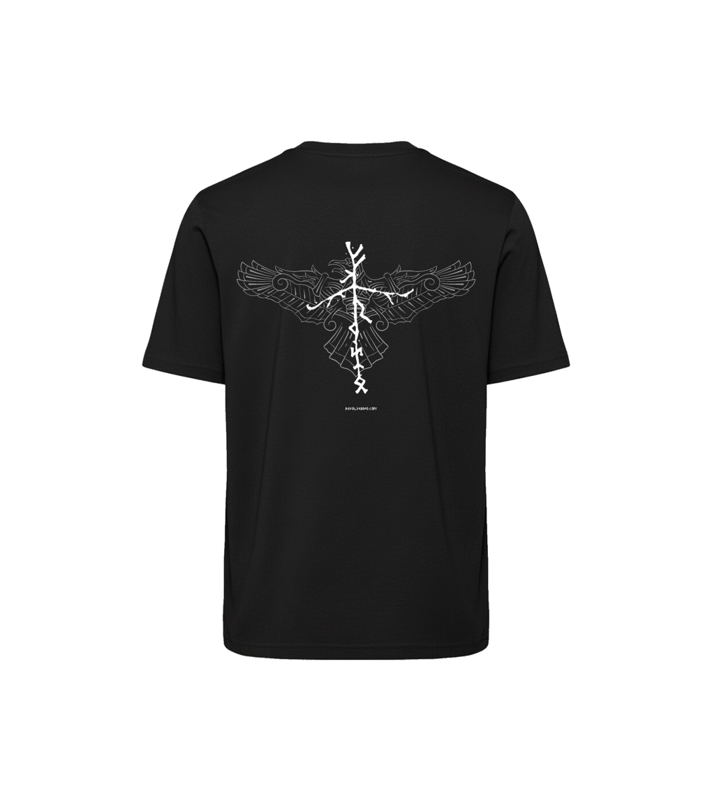 T-shirt luźny z recyklingu, czarny, mitologia nordycka Crow Spirit