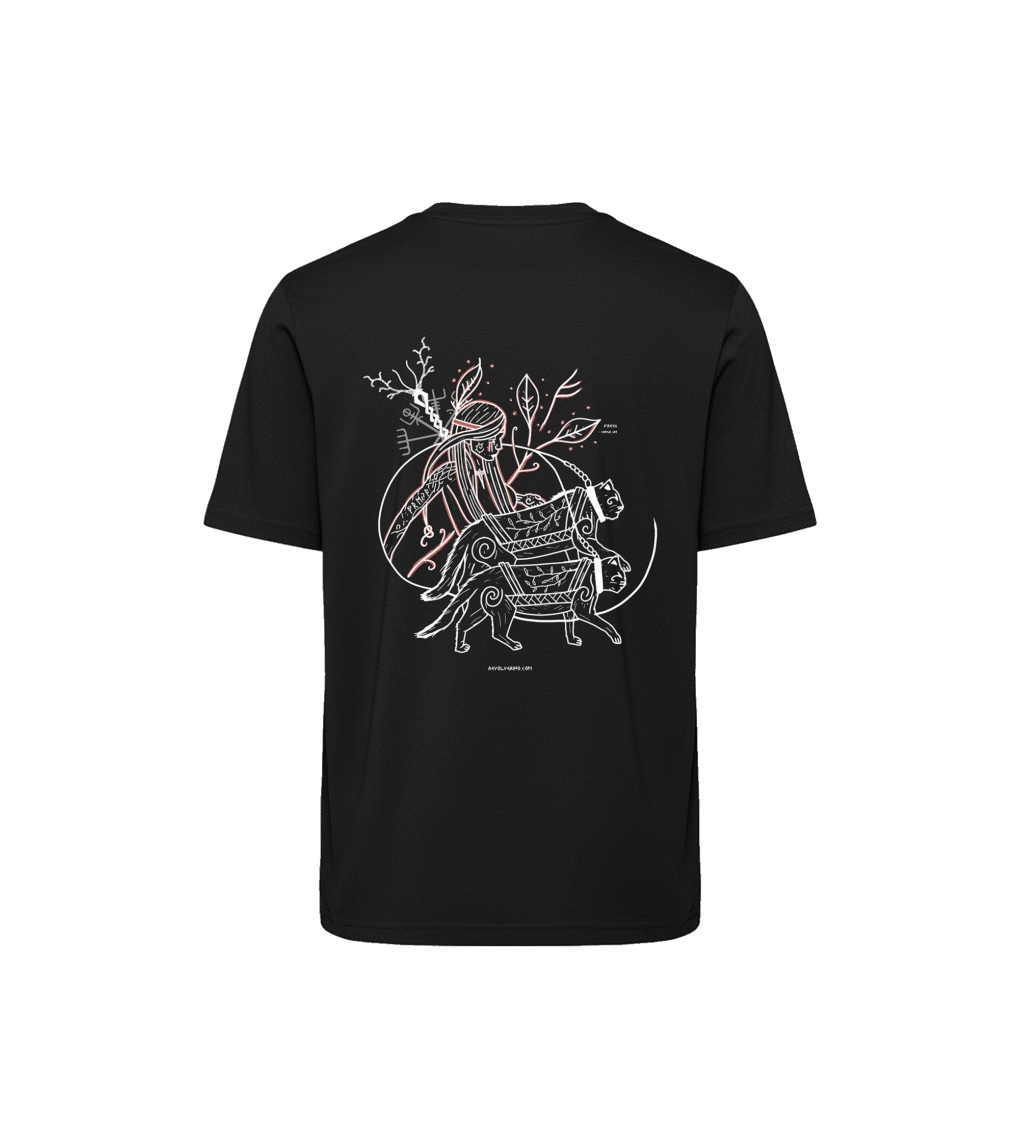 T-shirt luźny z recyklingu, czarny, mitologia nordycka Freya