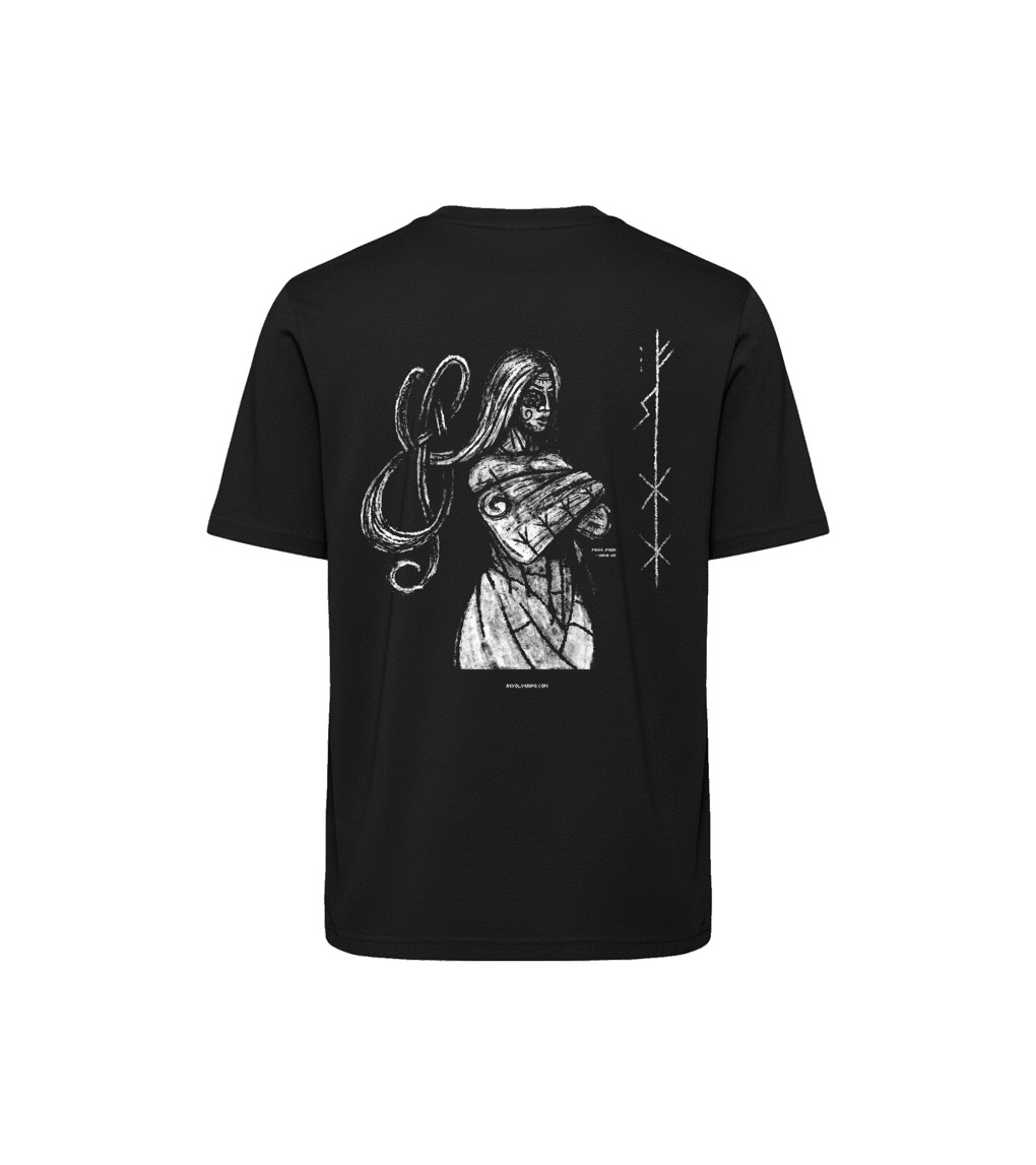 T-shirt luźny z recyklingu, czarny, mitologia nordycka Frigg