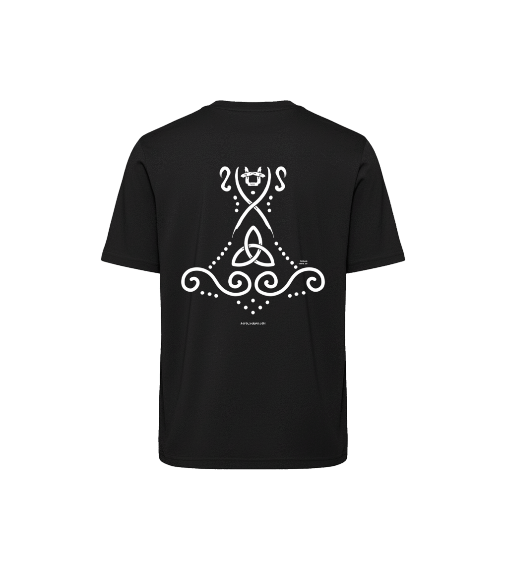 T-shirt luźny z recyklingu, czarny, mitologia nordycka Mjölnir