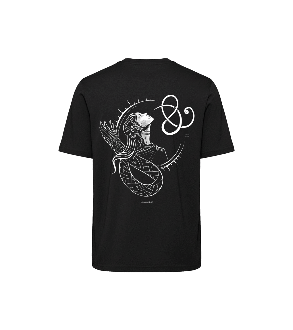 T-shirt luźny z recyklingu, czarny, mitologia nordycka Seiðkona