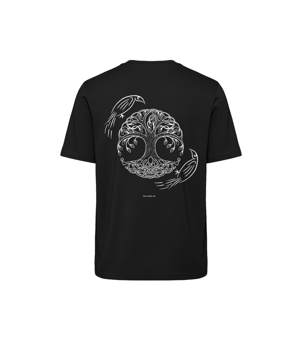 T-shirt luźny z recyklingu, czarny, mitologia nordycka Yggdrasil