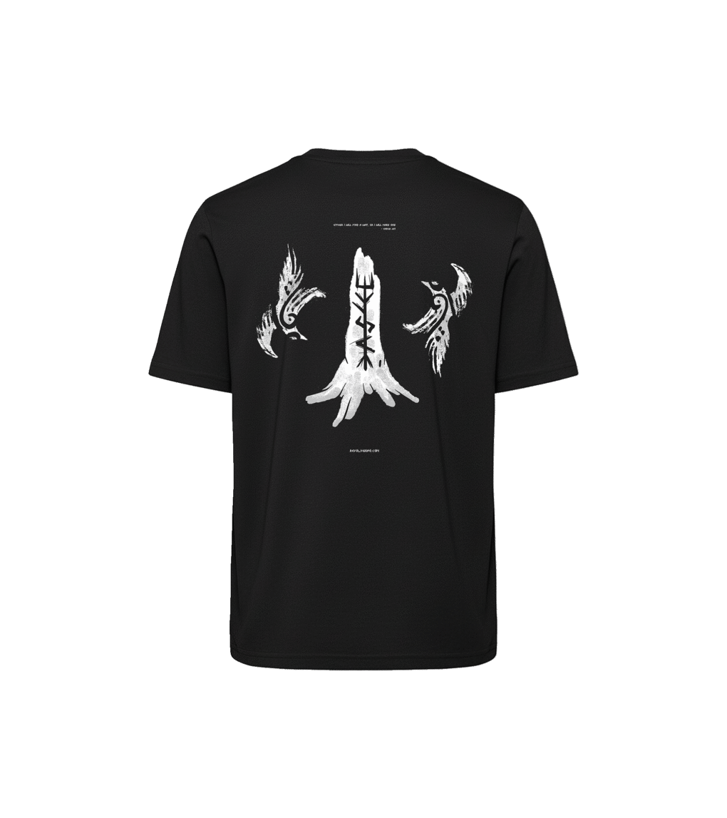T-shirt luźny z recyklingu, czarny, mitologia nordycka Dedication