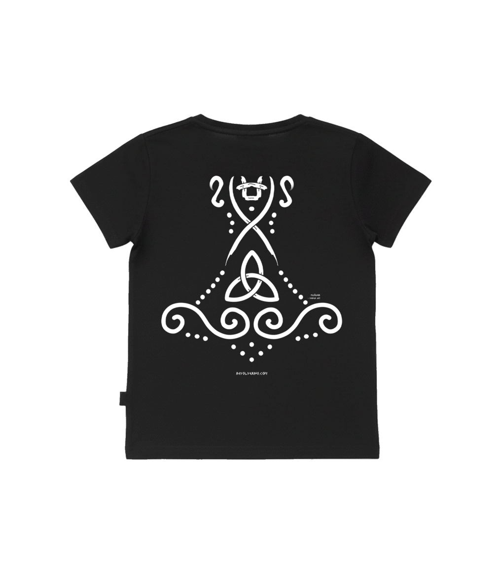 T-shirt dziecięcy z recyklingu, czarny, mitologia nordycka Mjölnir