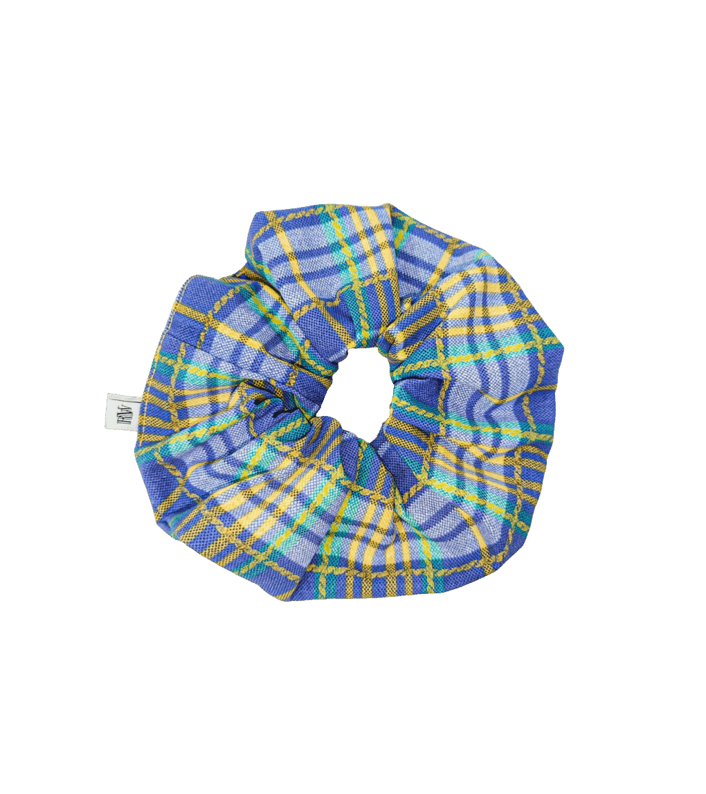 Scrunchie w kratę niebiesko-żółtą, upcycling