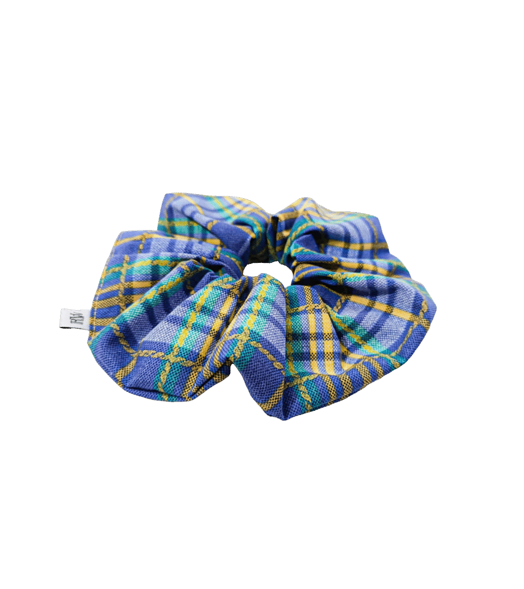 Scrunchie w kratę niebiesko-żółtą, upcycling