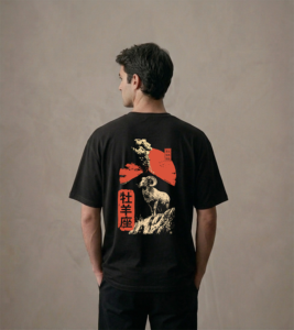 T-shirt luźny z recyklingu, czarny - Zodiak Baran - Japoński Kanji