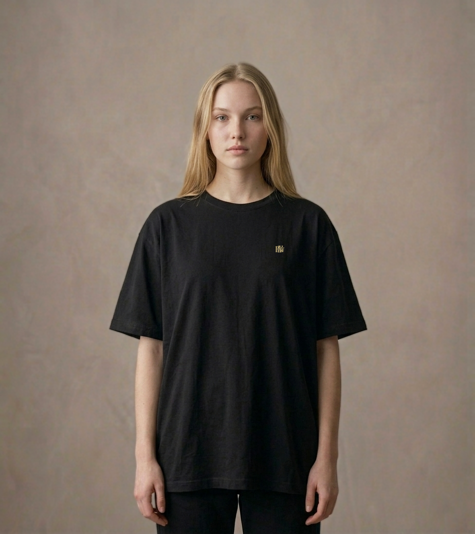T-shirt luźny z recyklingu, czarny – Zodiak Bliźnięta – Japoński Kanji
