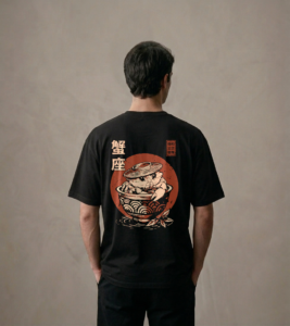 T-shirt luźny z recyklingu, czarny - Zodiak Rak - Japoński Kanji