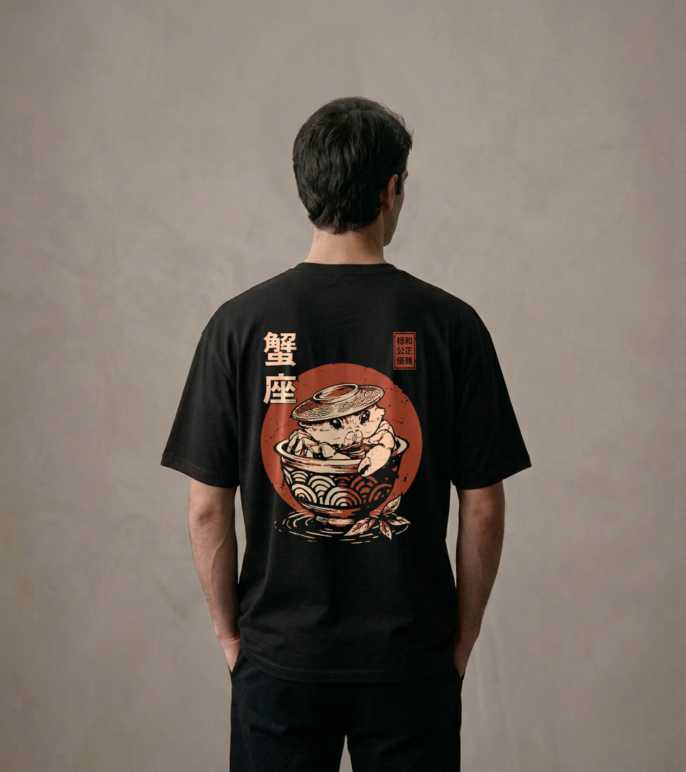 T-shirt luźny z recyklingu, czarny – Zodiak Rak – Japoński Kanji