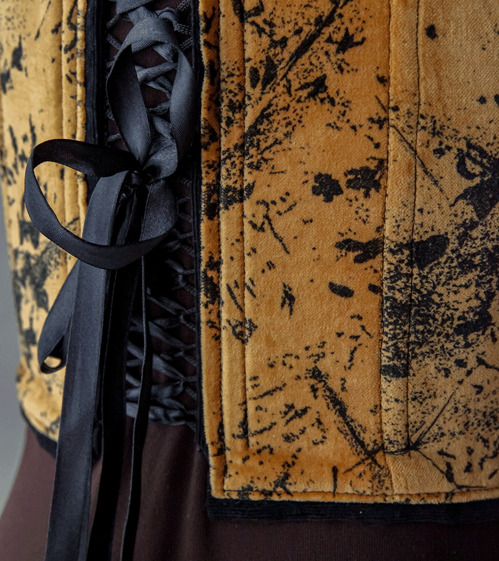 Welurowy gorset w musztardowy wzór, upcycled