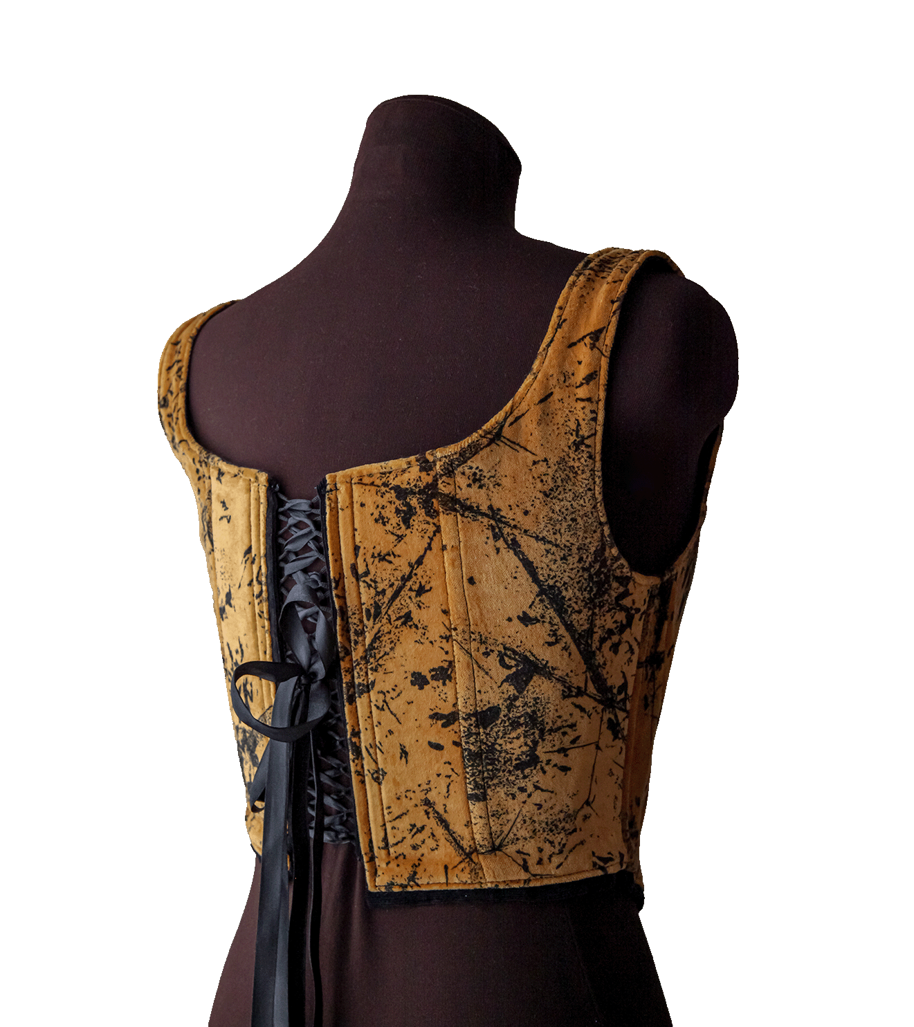 Welurowy gorset w musztardowy wzór, upcycled