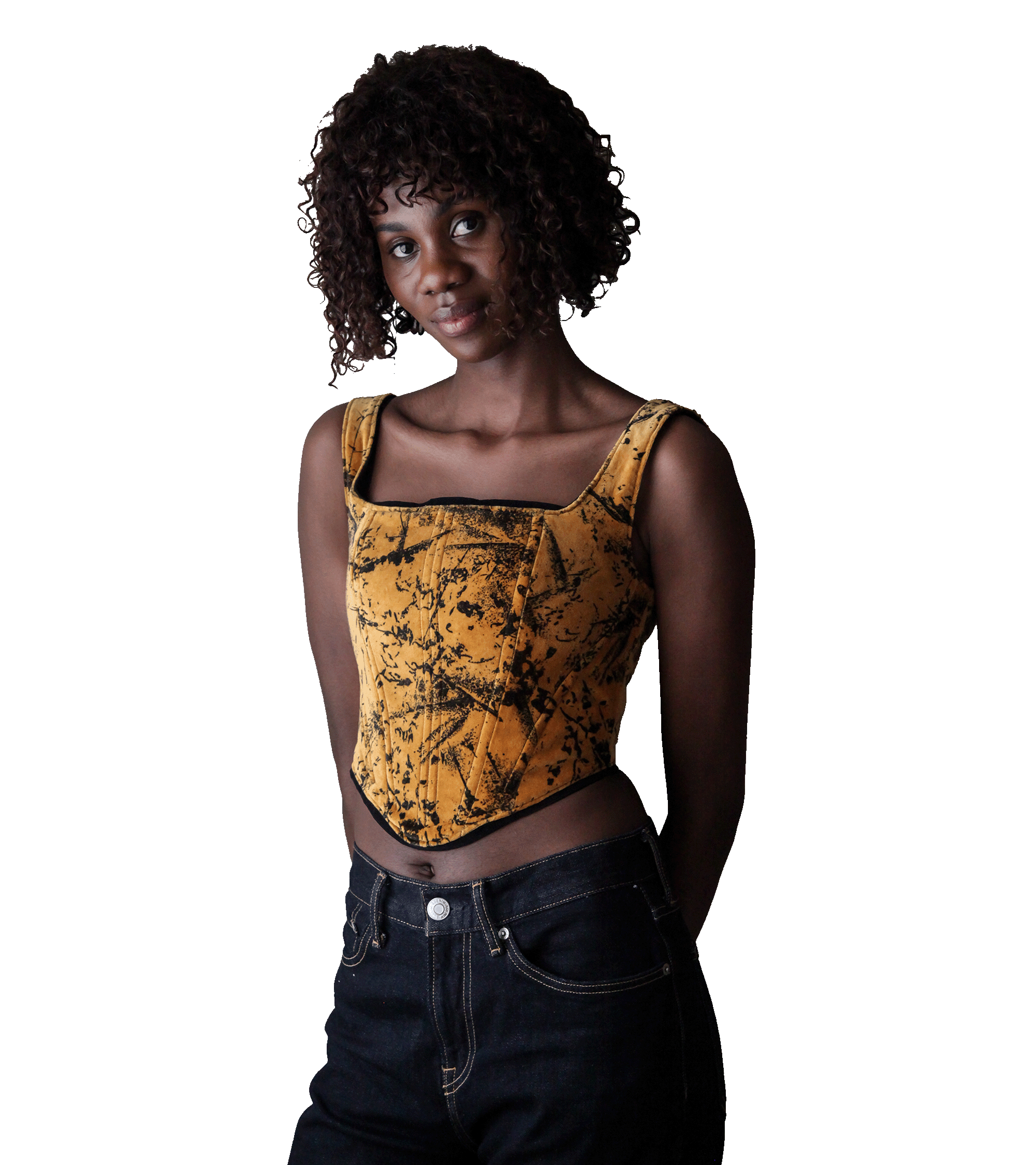 Welurowy gorset w musztardowy wzór, upcycled