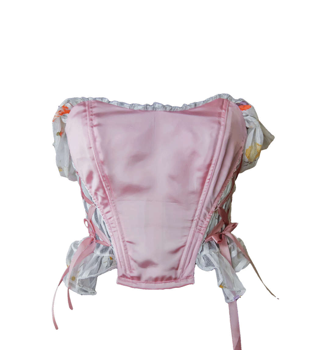 Różowy satynowy gorset z falbanami i opadającymi ramiączkami – upcycled
