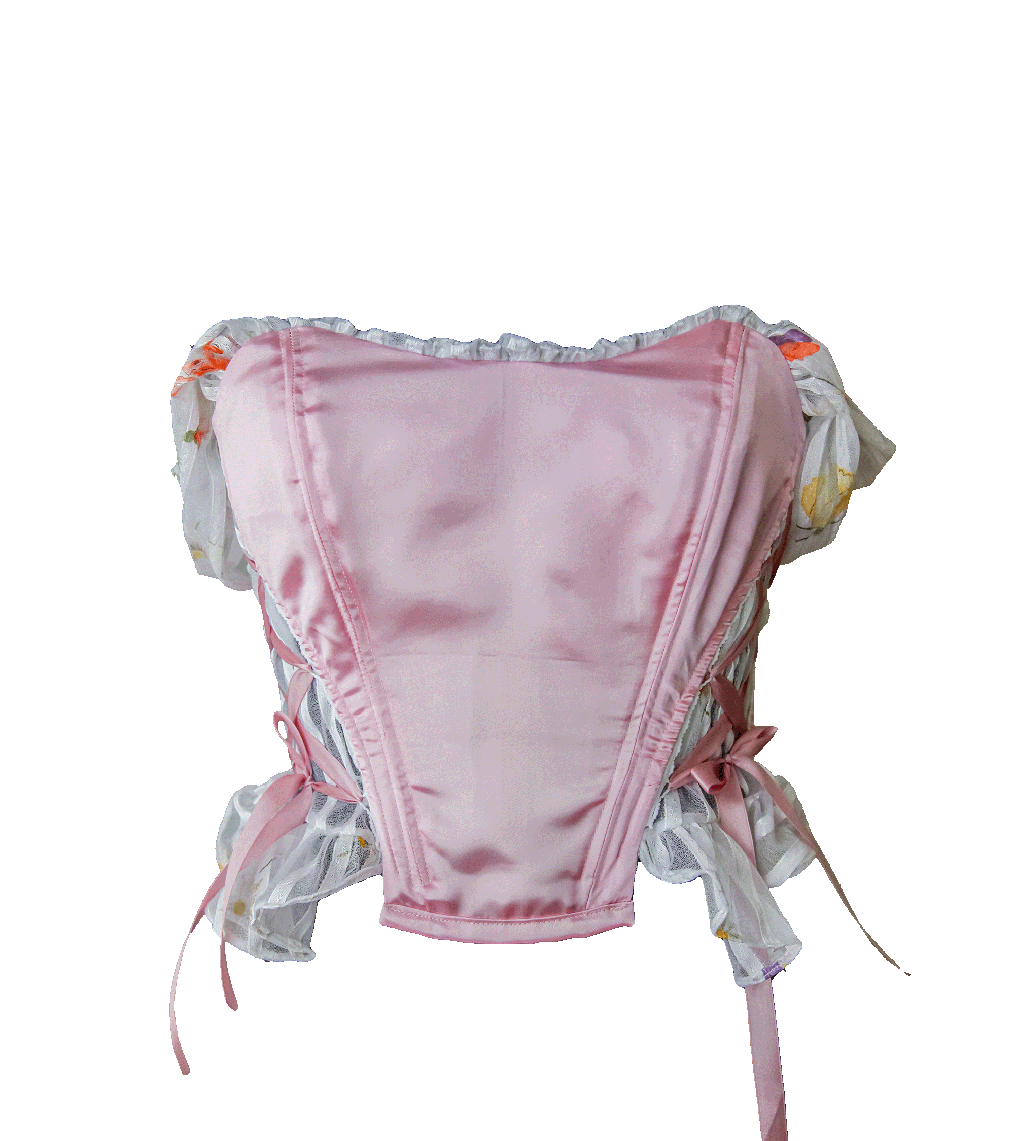 Różowy satynowy gorset z falbanami i opadającymi ramiączkami – upcycled