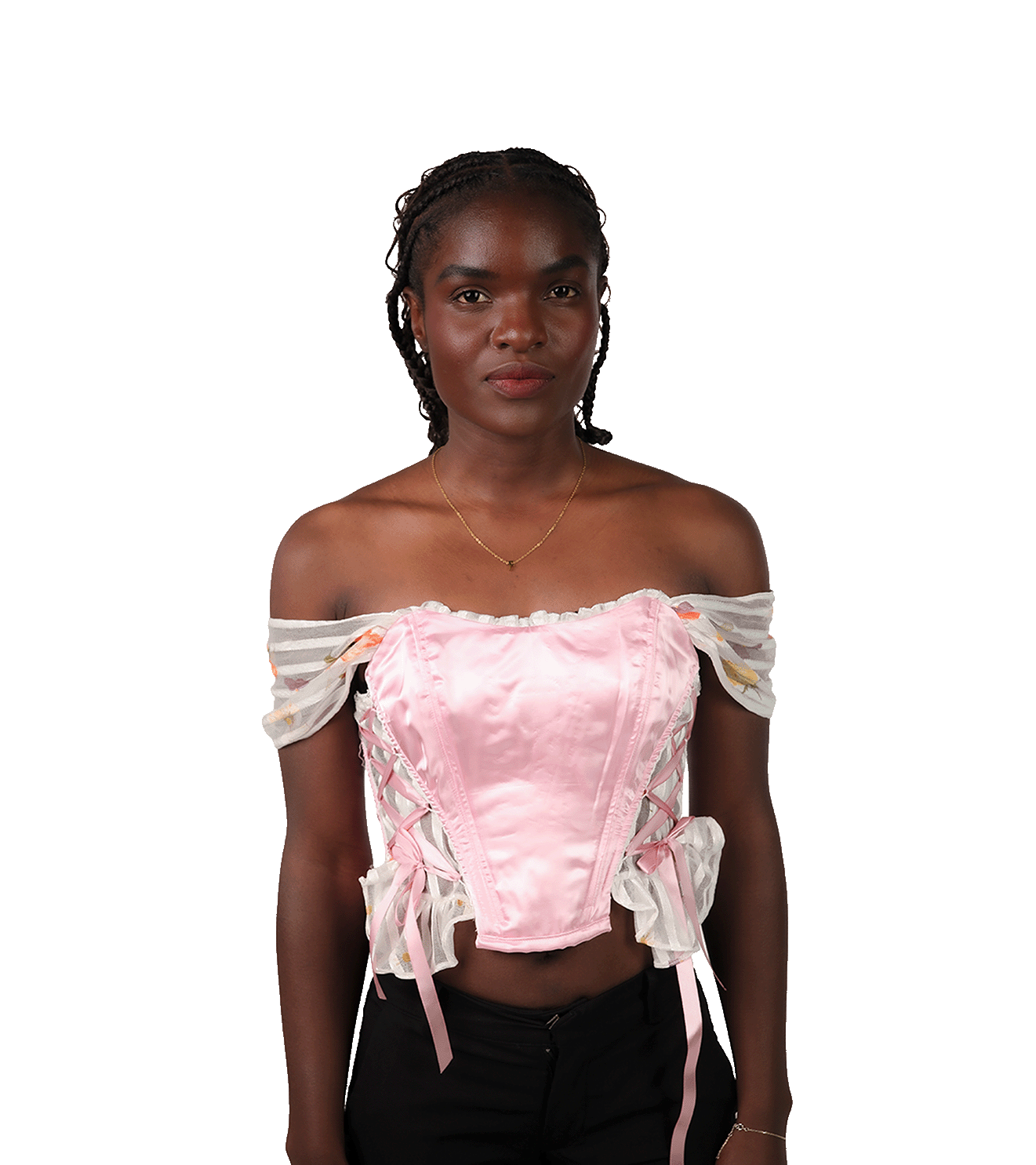 Różowy satynowy gorset z falbanami i opadającymi ramiączkami – upcycled