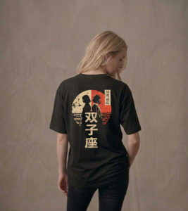 T-shirt luźny z recyklingu, czarny - Zodiak Bliźnięta - Japoński Kanji