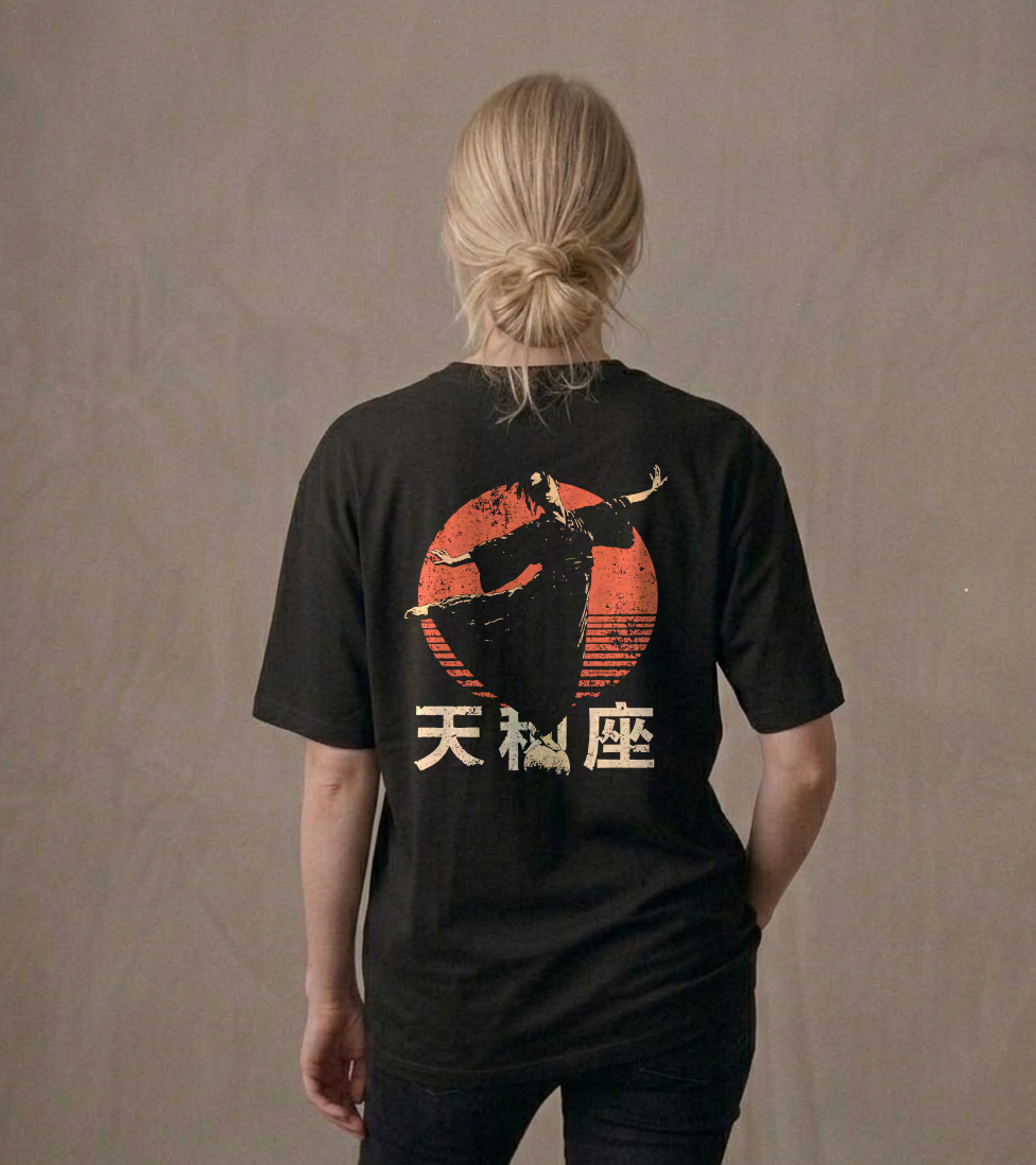 T-shirt luźny z recyklingu, czarny – Zodiak Waga – Japoński Kanji