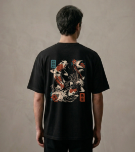 T-shirt luźny z recyklingu, czarny - Zodiak Ryby - Japoński Kanji