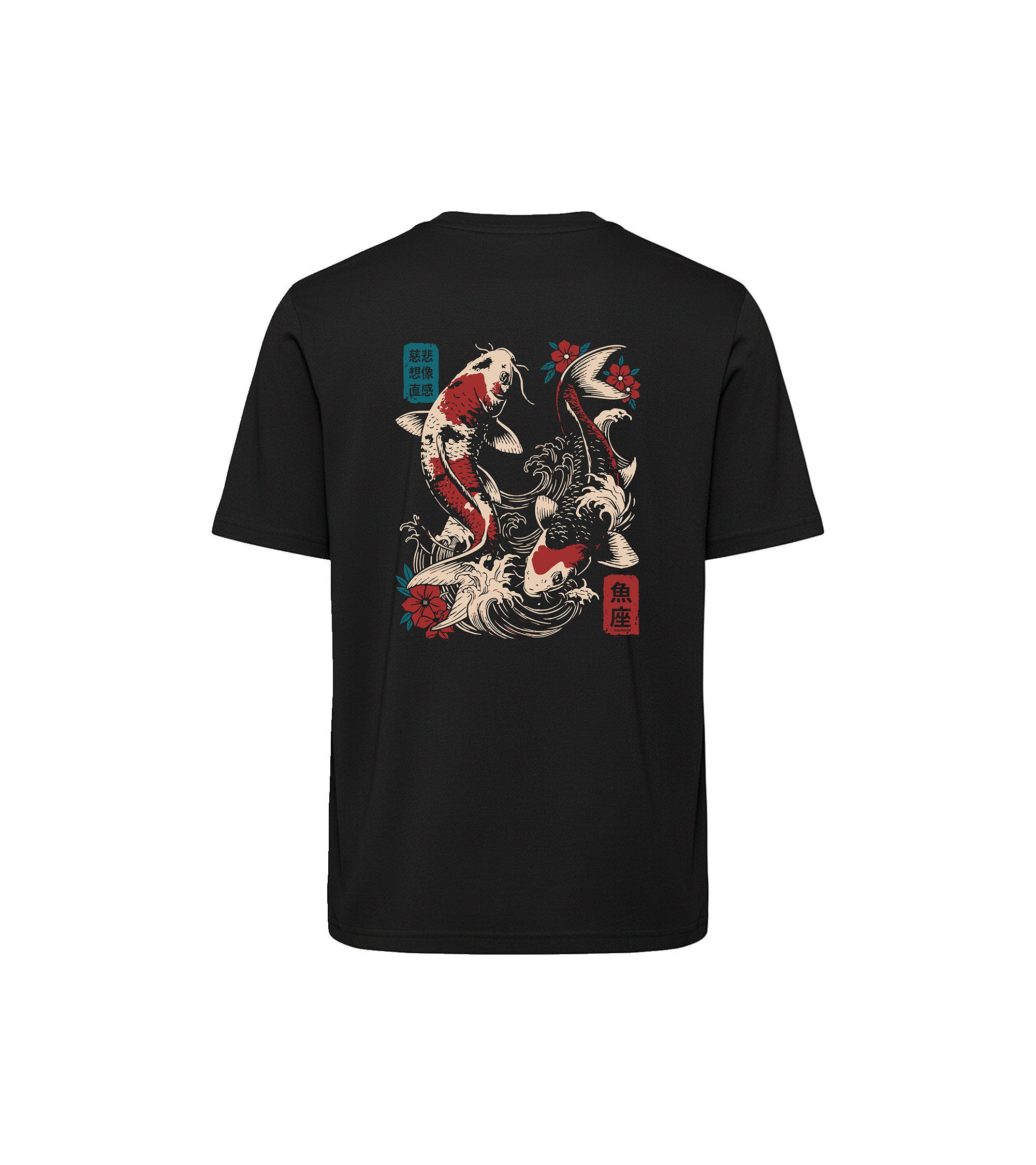 T-shirt luźny z recyklingu, czarny – Zodiak Ryby – Japoński Kanji