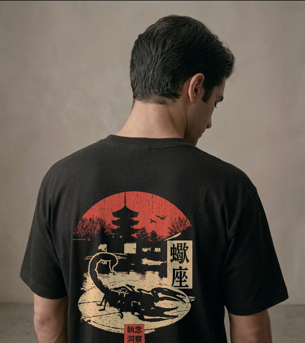 T-shirt luźny z recyklingu, czarny – Zodiak Skorpion – Japoński Kanji